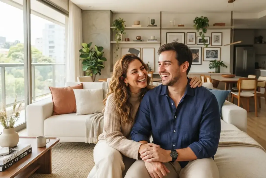 Um jovem casal feliz e sorridente senta-se no chão da sala de estar de um apartamento moderno, iluminado pela luz natural. O homem veste uma camisa social azul-escura e a mulher usa um suéter de tricô bege; eles estão de mãos dadas, rindo e olhando um para o outro de forma carinhosa. O ambiente ao fundo é amplo e decorado com sofisticação, exibindo um sofá claro com almofadas, prateleiras de madeira repletas de plantas e quadros, e uma grande parede de vidro com vista para a cidade. (financiamento imobiliário pelotas)
