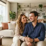 Um jovem casal feliz e sorridente senta-se no chão da sala de estar de um apartamento moderno, iluminado pela luz natural. O homem veste uma camisa social azul-escura e a mulher usa um suéter de tricô bege; eles estão de mãos dadas, rindo e olhando um para o outro de forma carinhosa. O ambiente ao fundo é amplo e decorado com sofisticação, exibindo um sofá claro com almofadas, prateleiras de madeira repletas de plantas e quadros, e uma grande parede de vidro com vista para a cidade. (financiamento imobiliário pelotas)
