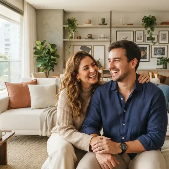 Um jovem casal feliz e sorridente senta-se no chão da sala de estar de um apartamento moderno, iluminado pela luz natural. O homem veste uma camisa social azul-escura e a mulher usa um suéter de tricô bege; eles estão de mãos dadas, rindo e olhando um para o outro de forma carinhosa. O ambiente ao fundo é amplo e decorado com sofisticação, exibindo um sofá claro com almofadas, prateleiras de madeira repletas de plantas e quadros, e uma grande parede de vidro com vista para a cidade. (financiamento imobiliário pelotas)