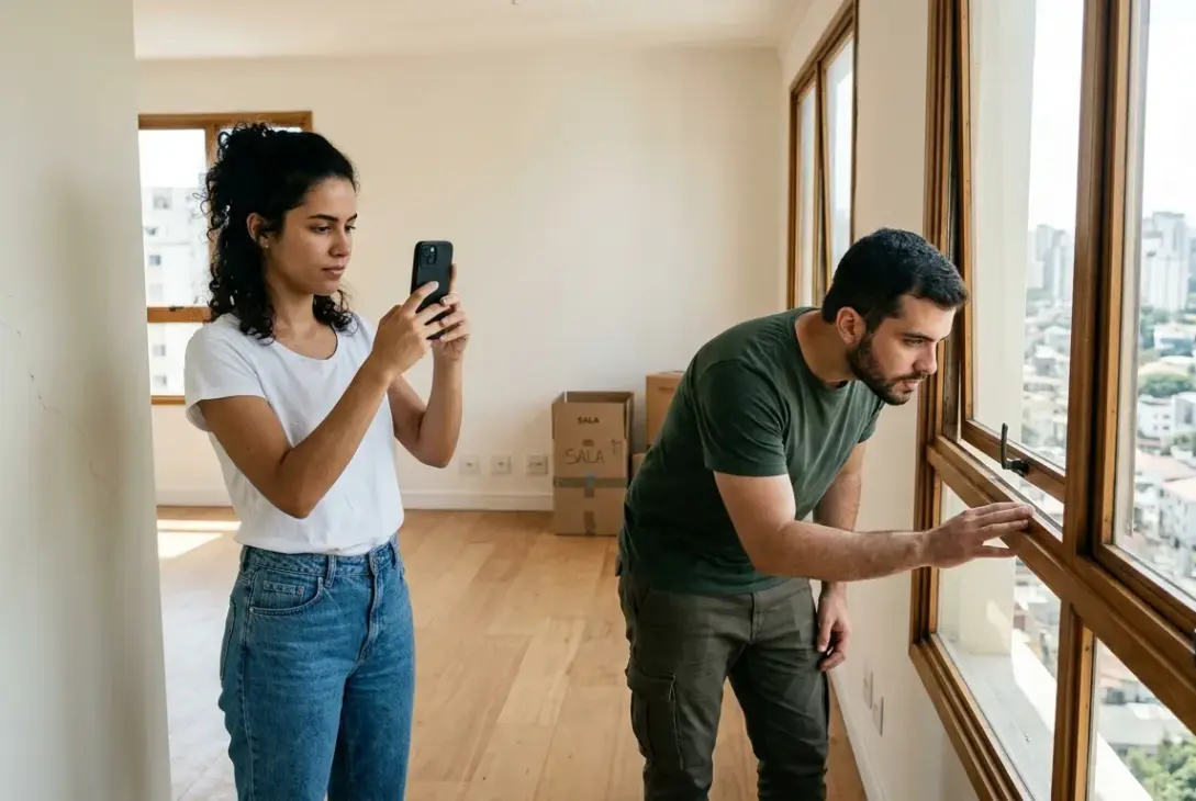 Uma mulher jovem de cabelo cacheado preso, vestindo camiseta branca e calça jeans, está em pé no centro de uma sala vazia usando seu smartphone para registrar os detalhes do local. Ao seu lado, um homem de barba, usando camiseta verde-oliva e calça cargo, inclina-se para inspecionar minuciosamente o funcionamento e a vedação da moldura de madeira de uma grande janela de correr. A janela revela uma vista panorâmica de prédios e casas da cidade ao fundo. O apartamento tem piso de madeira clara e exibe caixas de papelão de mudança empilhadas ao fundo, com a palavra "SALA" escrita à mão em uma delas. Na parede branca do lado esquerdo, há uma rachadura vertical visível.