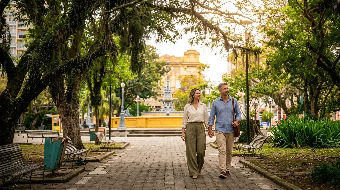 Um casal caminhando de mãos dadas pelo calçadão de uma praça pública sombreada por árvores centenárias. Ao fundo, entre os bancos de madeira e os canteiros, avista-se um chafariz histórico amarelado e edifícios de arquitetura clássica.