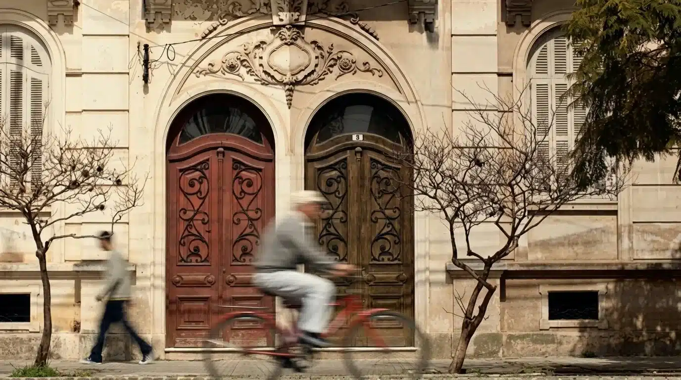 Fotografia em plano frontal da fachada de um casarão histórico de arquitetura eclética, destacado por duas portas de madeira em arco com relevos ornamentais. Em primeiro plano, capturados com efeito de movimento (motion blur), um pedestre caminha pela calçada enquanto um ciclista cruza a via em uma bicicleta vermelha, sob a sombra de árvores.