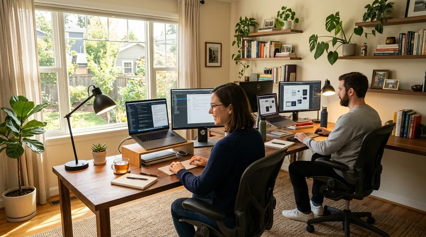 Dois profissionais trabalhando lado a lado em um home office bem iluminado e decorado com plantas em prateleiras de madeira. A mulher em primeiro plano opera um computador com dois monitores que exibem linhas de código e documentos, enquanto o homem ao lado trabalha em sua própria estação equipada com notebook e monitores diante de uma janela com vista para o jardim.