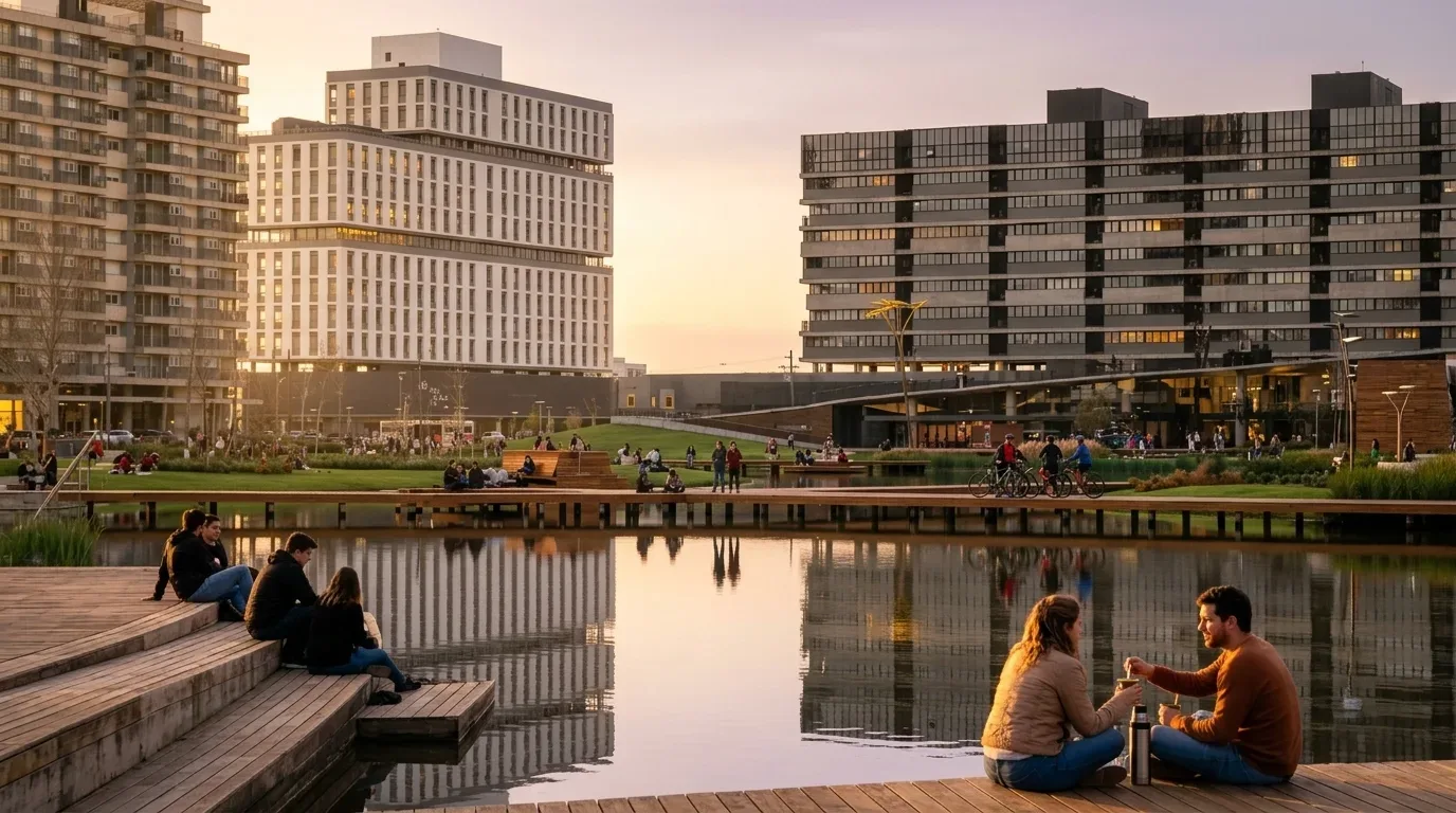 Um parque urbano moderno ao entardecer, com decks de madeira ao redor de um lago calmo. Em primeiro plano, um casal sentado no chão do deck compartilha um chimarrão com garrafa térmica, enquanto outros frequentadores descansam nas arquibancadas de madeira diante de edifícios contemporâneos.