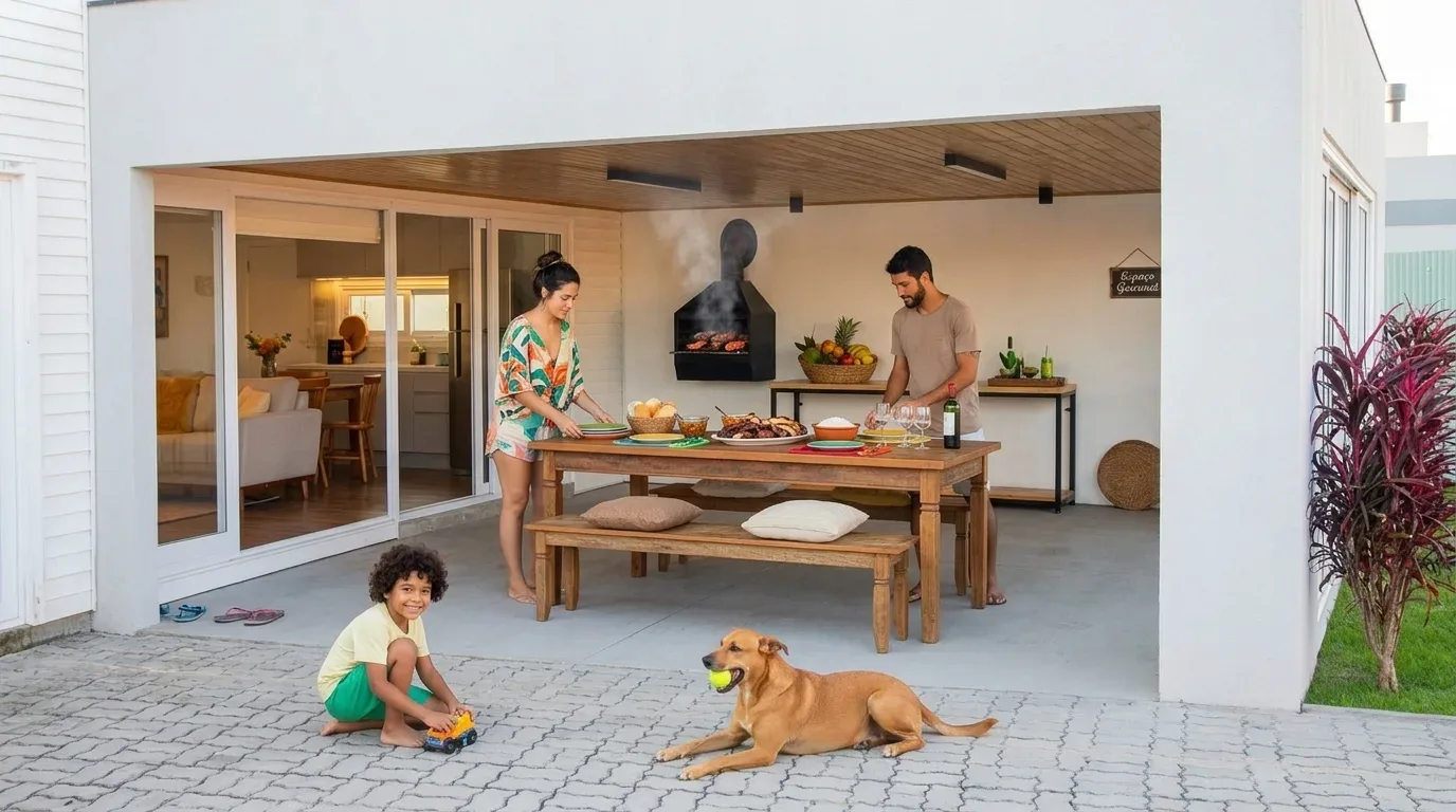 Uma família em uma área de lazer gourmet integrada de uma residência moderna. Sob a varanda coberta com churrasqueira e placa decorativa de "Espaço Gourmet", o casal organiza a mesa de madeira para o almoço. Em primeiro plano, no pátio pavimentado, um menino brinca no chão com um caminhão de brinquedo ao lado de um cão vira-lata deitado segurando uma bola de tênis na boca.