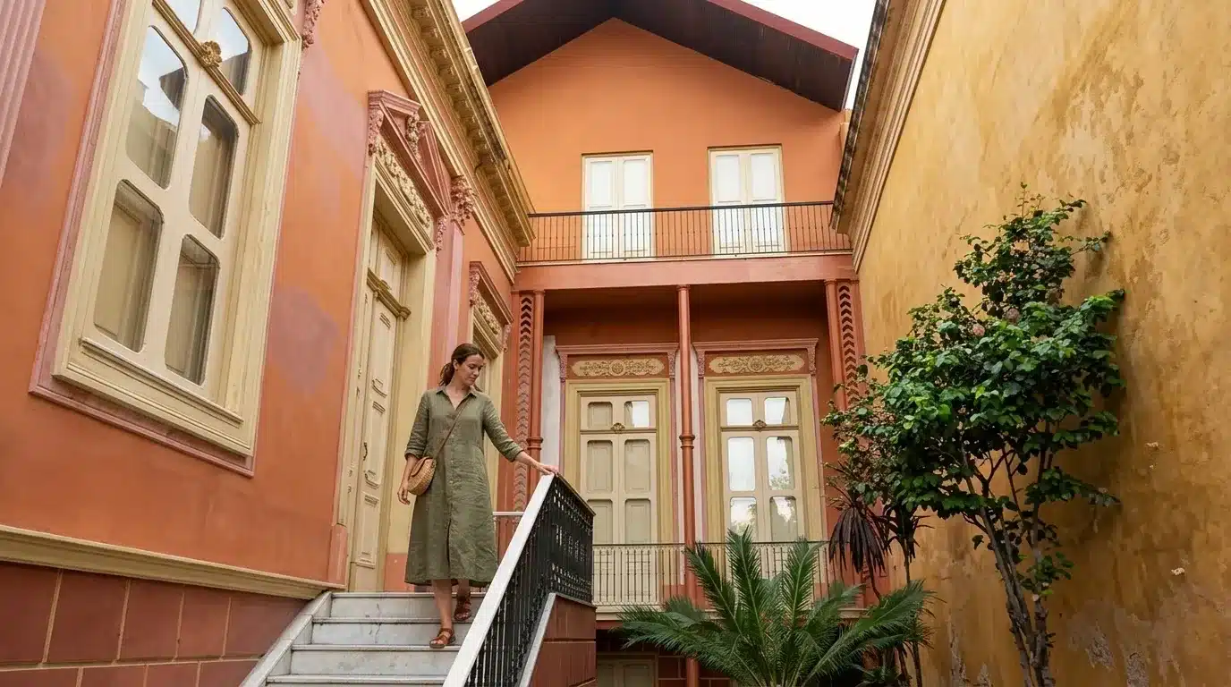 Uma mulher vestindo um vestido midi verde-oliva descendo uma escadaria de mármore no pátio interno de um casarão histórico. A arquitetura exibe paredes nas cores terracota e amarelo-ocre, portas altas de madeira com ornamentos entalhados, sacadas com gradil de ferro e plantas tropicais decorativas.