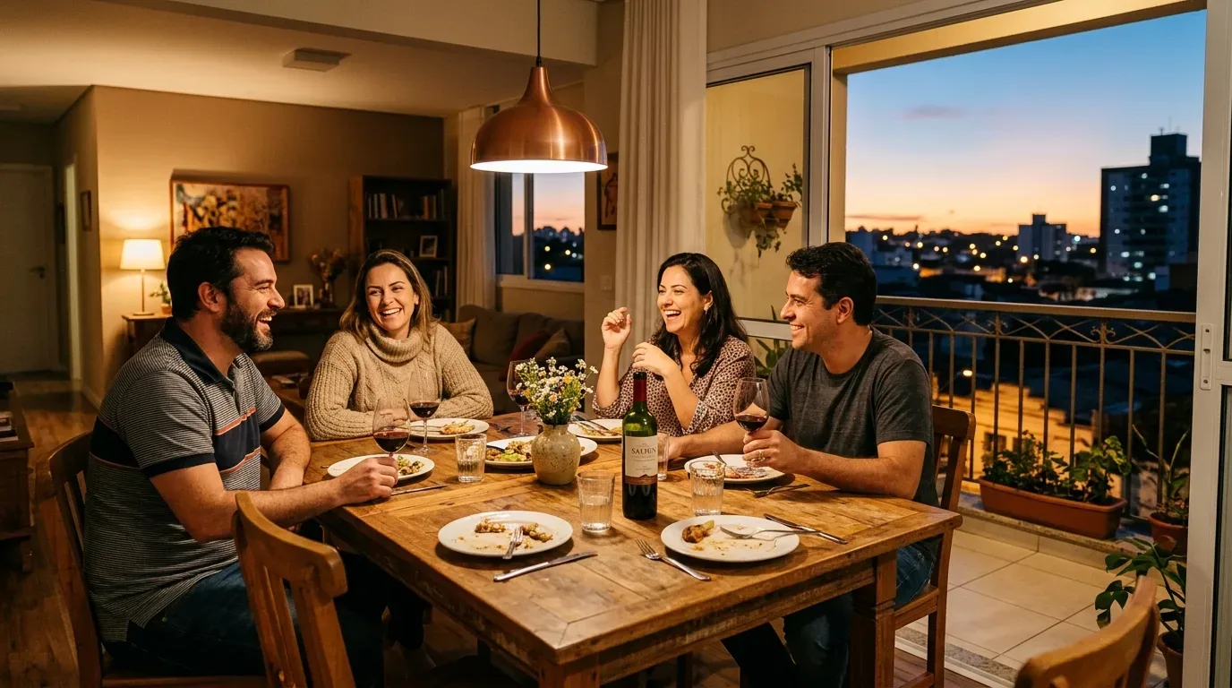 Quatro amigos reunidos ao redor de uma mesa de jantar de madeira em um apartamento aconchegante ao anoitecer. Eles conversam e sorriem enquanto compartilham uma refeição acompanhada de vinho. Ao lado da mesa, a porta de vidro aberta dá acesso à sacada com vista para o pôr do sol e as luzes da cidade ao fundo.