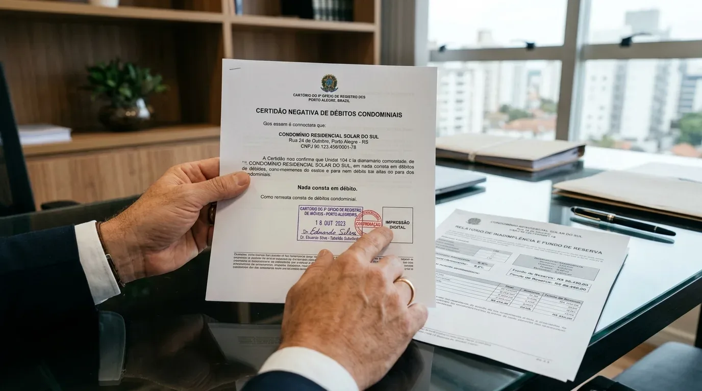 Fotografia em plano fechado das mãos de um profissional segurando o documento "CERTIDÃO NEGATIVA DE DÉBITOS CONDOMINIAIS" do "CONDOMÍNIO RESIDENCIAL SOLAR DO SUL" (Porto Alegre - RS), com carimbo de autenticação de cartório. Sobre a mesa, veem-se uma caneta e o relatório de fundo de reserva.