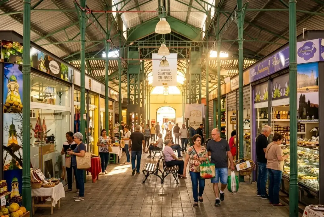 Corredor central de um mercado público histórico caracterizado por colunas e estrutura metálica verde sobre paredes de tijolo à vista. Vários visitantes caminham entre lojas envidraçadas de doces e produtos locais, com um casal em primeiro plano carregando sacolas de compras.