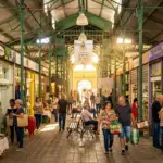 Corredor central de um mercado público histórico caracterizado por colunas e estrutura metálica verde sobre paredes de tijolo à vista. Vários visitantes caminham entre lojas envidraçadas de doces e produtos locais, com um casal em primeiro plano carregando sacolas de compras.