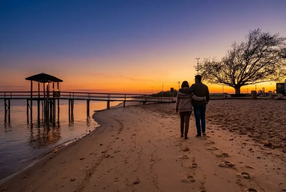 Fotografia vista de costas de um casal caminhando abraçado pela faixa de areia ao entardecer. O sol poente reflete tons quentes de laranja e dourado sobre a água calma, destacando um trapiche de madeira com quiosque e a silhueta de árvores à beira da praia.