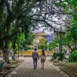 Fotografia vista de costas de um casal caminhando de mãos dadas por uma aladeira pavimentada no centro de uma praça pública bastante arborizada. O caminho ladeado por bancos de madeira e copa de grandes árvores conduz a um chafariz histórico amarelado, com edifícios clássicos ao fundo.