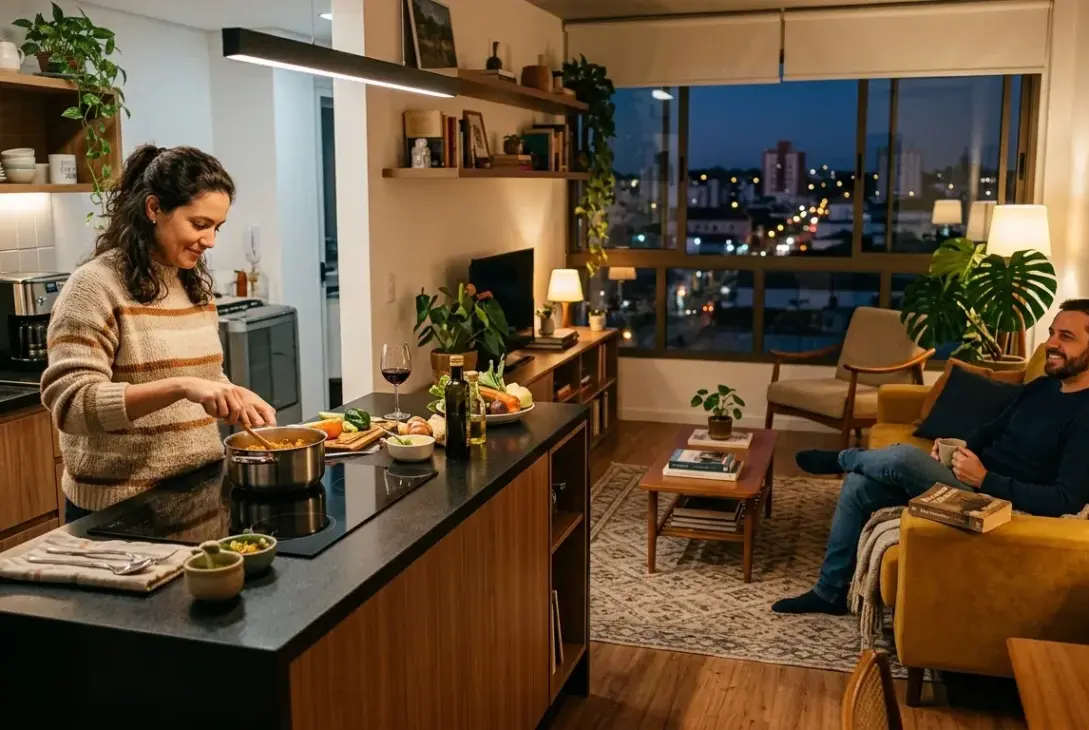 Um apartamento de conceito aberto ao anoitecer. Uma mulher de suéter cozinha em uma ilha central equipada com cooktop elétrico, enquanto um homem relaxa no sofá amarelo da sala de estar conversando com ela. A ampla janela do ambiente exibe a vista da cidade iluminada ao fundo.