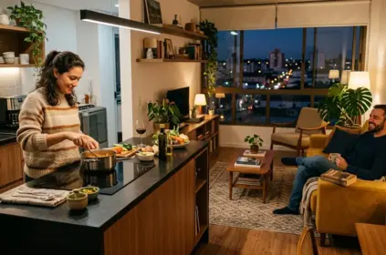 Um apartamento de conceito aberto ao anoitecer. Uma mulher de suéter cozinha em uma ilha central equipada com cooktop elétrico, enquanto um homem relaxa no sofá amarelo da sala de estar conversando com ela. A ampla janela do ambiente exibe a vista da cidade iluminada ao fundo.