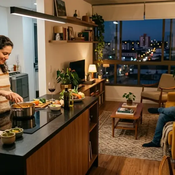 Um apartamento de conceito aberto ao anoitecer. Uma mulher de suéter cozinha em uma ilha central equipada com cooktop elétrico, enquanto um homem relaxa no sofá amarelo da sala de estar conversando com ela. A ampla janela do ambiente exibe a vista da cidade iluminada ao fundo.