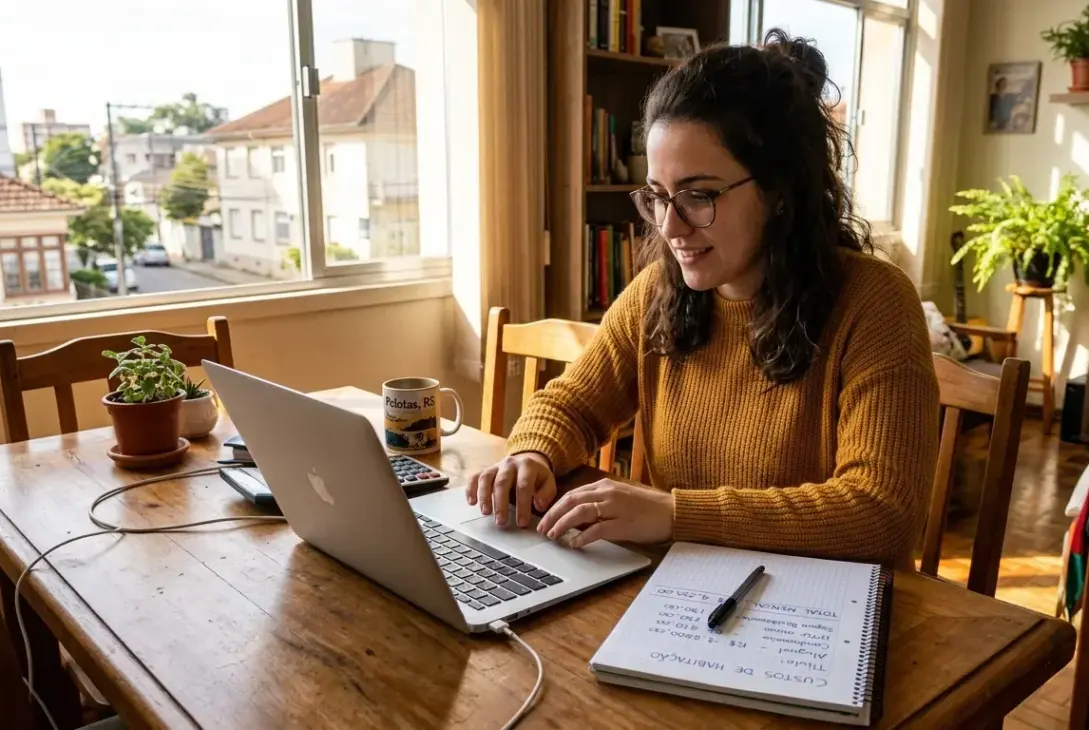 Uma mulher de óculos e suéter amarelo de tricô digitando em um notebook em sua mesa de trabalho iluminada pela janela. Ao lado do computador, encontram-se um caderno com anotações intituladas "CUSTOS DE HABITAÇÃO", uma caneca estampada com "Pelotas, RS", calculadora e vasos de plantas.