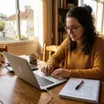 Uma mulher de óculos e suéter amarelo de tricô digitando em um notebook em sua mesa de trabalho iluminada pela janela. Ao lado do computador, encontram-se um caderno com anotações intituladas "CUSTOS DE HABITAÇÃO", uma caneca estampada com "Pelotas, RS", calculadora e vasos de plantas.
