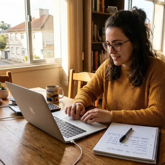 Uma mulher de óculos e suéter amarelo de tricô digitando em um notebook em sua mesa de trabalho iluminada pela janela. Ao lado do computador, encontram-se um caderno com anotações intituladas "CUSTOS DE HABITAÇÃO", uma caneca estampada com "Pelotas, RS", calculadora e vasos de plantas.