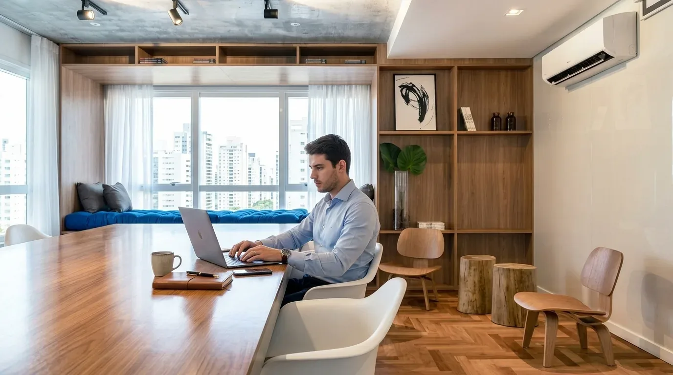 Um profissional em camisa social azul trabalhando em um notebook sobre uma grande mesa de madeira. O ambiente moderno conta com piso de taco, estante de madeira planejada, ar-condicionado e uma janela ampla com banco estofado azul oferecendo vista para os edifícios da cidade.