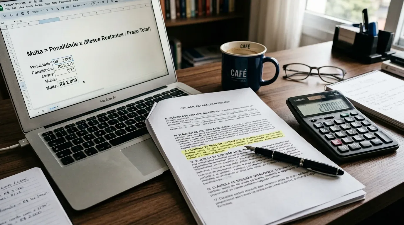 Fotografia em visão superior de uma mesa de trabalho com notebook MacBook. A tela exibe a planilha com a fórmula "Multa = Penalidade x (Meses Restantes / Prazo Total)" e o resultado "Multa: R$ 2.000". Sobre o teclado, repousa o documento "CONTRATO DE LOCAÇÃO RESIDENCIAL" com marcações em amarelo na "CLÁUSULA DE RESCISÃO ANTECIPADA", ao lado de uma calculadora Casio marcando o valor de 2000.00, caneca azul com a palavra "CAFÉ", óculos de grau e bloco de anotações.