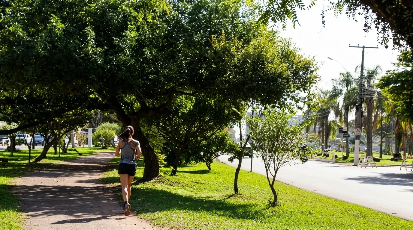 Fotografia vista de costas de uma mulher com trajes esportivos praticando corrida em uma pista de caminhada arborizada. O caminho fica sob a sombra de árvores densas, paralelamente a uma avenida ensolarada com canteiro central gramado.