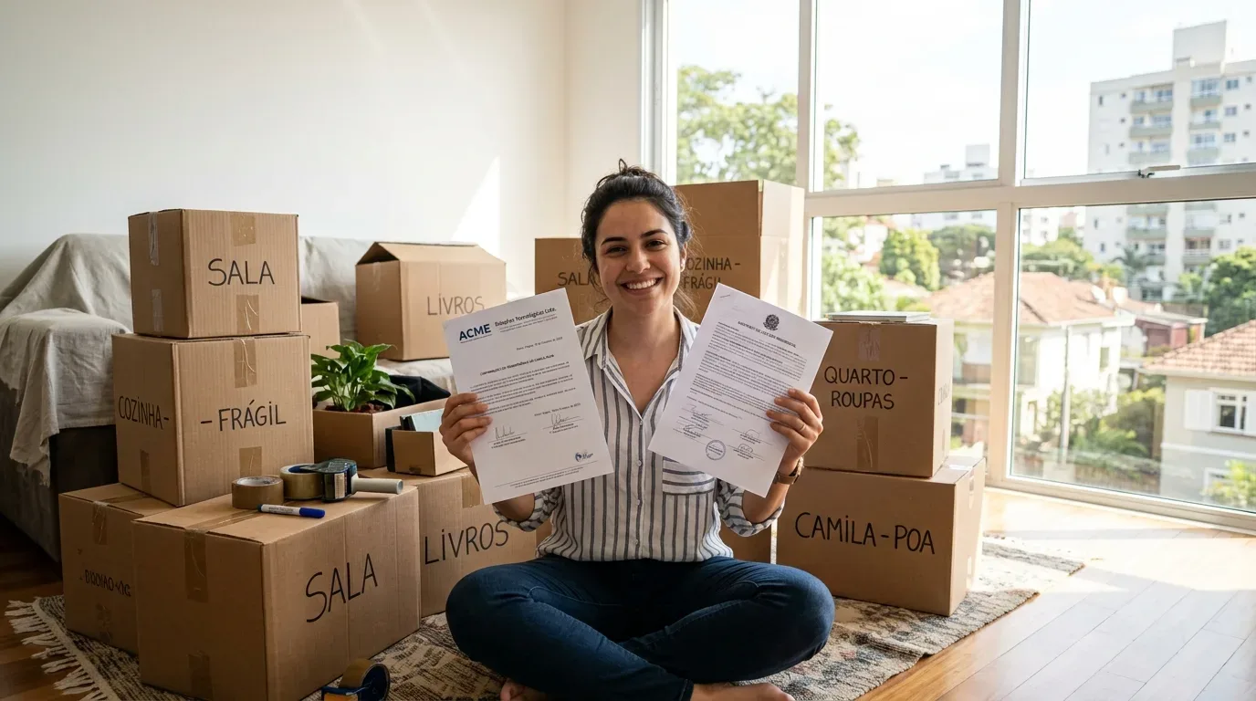Uma mulher sorridente sentada no chão de um apartamento cercada por caixas de papelão organizadas para mudança, identificadas manualmente com pincel atômico como "SALA", "LIVROS", "COZINHA - FRÁGIL", "QUARTO - ROUPAS" e "CAMILA-POA". Ela exibe dois documentos contratuais assinados diante de uma janela ampla com vista para a cidade.