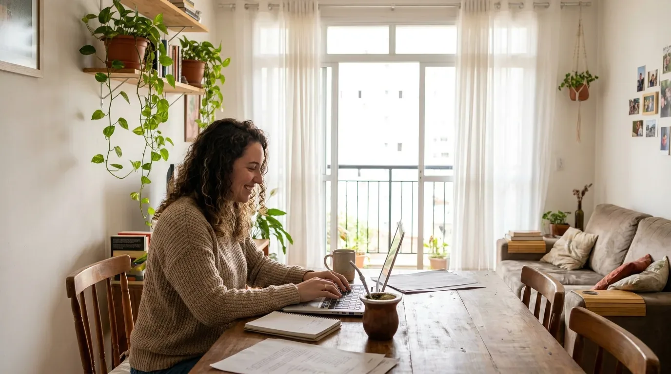 Uma mulher de cabelo cacheado e casaco de tricô bege sorrindo enquanto digita em um notebook sobre uma mesa de madeira. Sobre a bancada estão dispostos cadernos, papéis, uma caneca e uma cuia de chimarrão. Ao fundo, observa-se uma sala de estar bem iluminada com varanda, plantas pendentes em prateleiras e sofá ao lado.