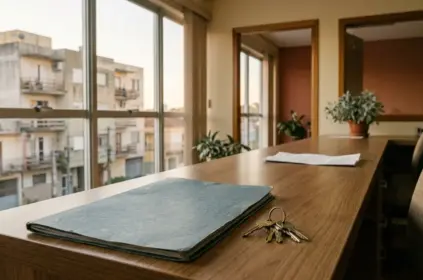 Pasta cadastral e chaves sobre balcão de imobiliária diante de prédios residenciais