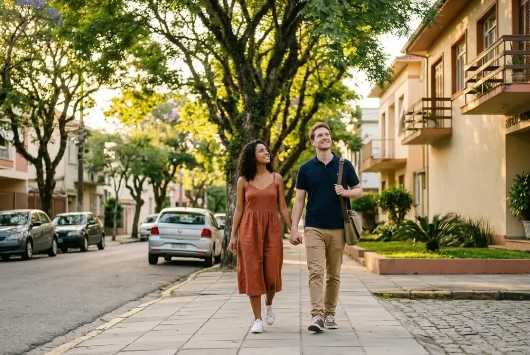 Um casal caminhando de mãos dadas pela calçada de uma rua residencial tranquila e arborizada. A mulher veste um vestido terracota e o homem usa camisa polo marinho com bolsa transversal, observando os prédios ao redor, com destaque para a fachada do "EDIFÍCIO JARDIM DAS FLORES".