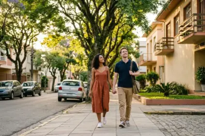 Um casal caminhando de mãos dadas pela calçada de uma rua residencial tranquila e arborizada. A mulher veste um vestido terracota e o homem usa camisa polo marinho com bolsa transversal, observando os prédios ao redor, com destaque para a fachada do "EDIFÍCIO JARDIM DAS FLORES".