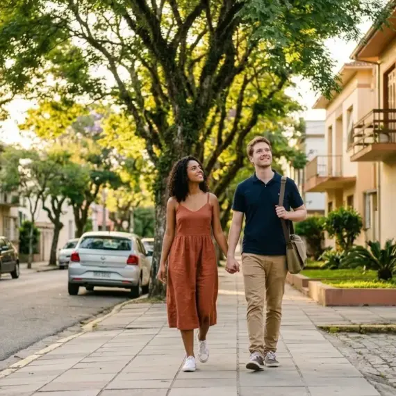 Um casal caminhando de mãos dadas pela calçada de uma rua residencial tranquila e arborizada. A mulher veste um vestido terracota e o homem usa camisa polo marinho com bolsa transversal, observando os prédios ao redor, com destaque para a fachada do "EDIFÍCIO JARDIM DAS FLORES".