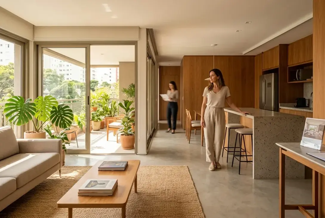 Uma mulher em traje casual alinhado em pé ao lado da bancada de granito em um apartamento moderno de conceito aberto, iluminado pela luz natural de uma varanda repleta de plantas, enquanto outra pessoa ao fundo caminha com documentos pelo corredor.