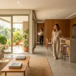 Uma mulher em traje casual alinhado em pé ao lado da bancada de granito em um apartamento moderno de conceito aberto, iluminado pela luz natural de uma varanda repleta de plantas, enquanto outra pessoa ao fundo caminha com documentos pelo corredor.