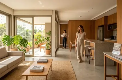 Uma mulher em traje casual alinhado em pé ao lado da bancada de granito em um apartamento moderno de conceito aberto, iluminado pela luz natural de uma varanda repleta de plantas, enquanto outra pessoa ao fundo caminha com documentos pelo corredor.