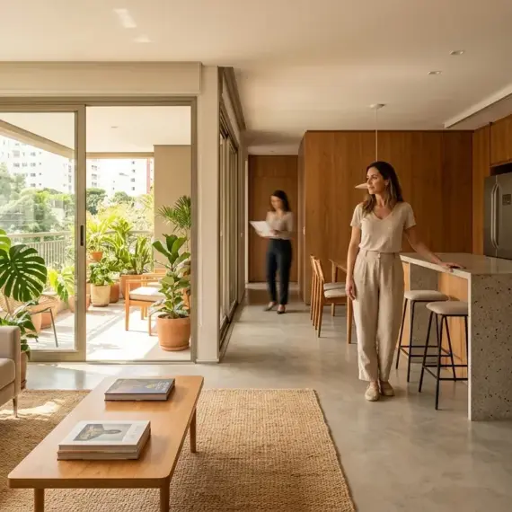 Uma mulher em traje casual alinhado em pé ao lado da bancada de granito em um apartamento moderno de conceito aberto, iluminado pela luz natural de uma varanda repleta de plantas, enquanto outra pessoa ao fundo caminha com documentos pelo corredor.